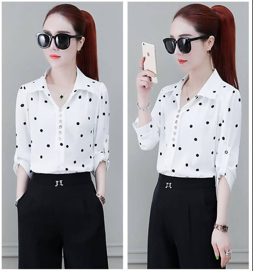 Dames chiffon blouse met knopen & omgeslagen kraag