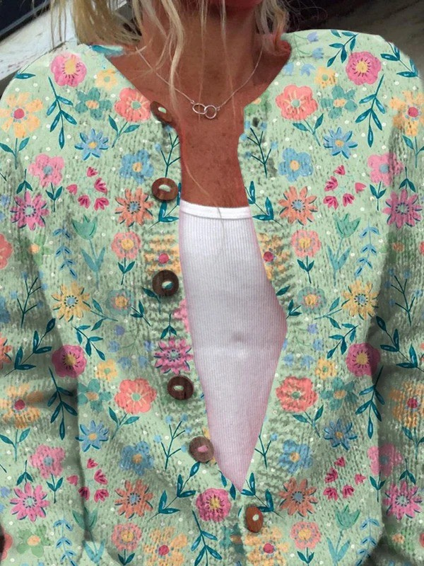 Zoë | Damesvest met pastelkleurige bloemenprint en houten knevelknopen