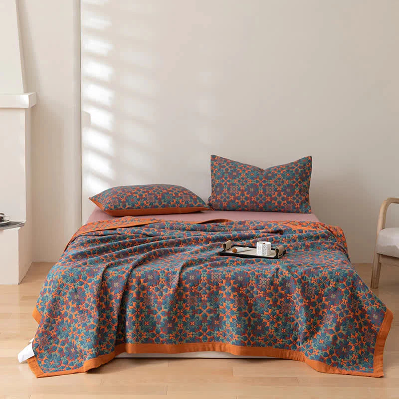 Oranje & blauw patroon zeslaags katoenen quilt