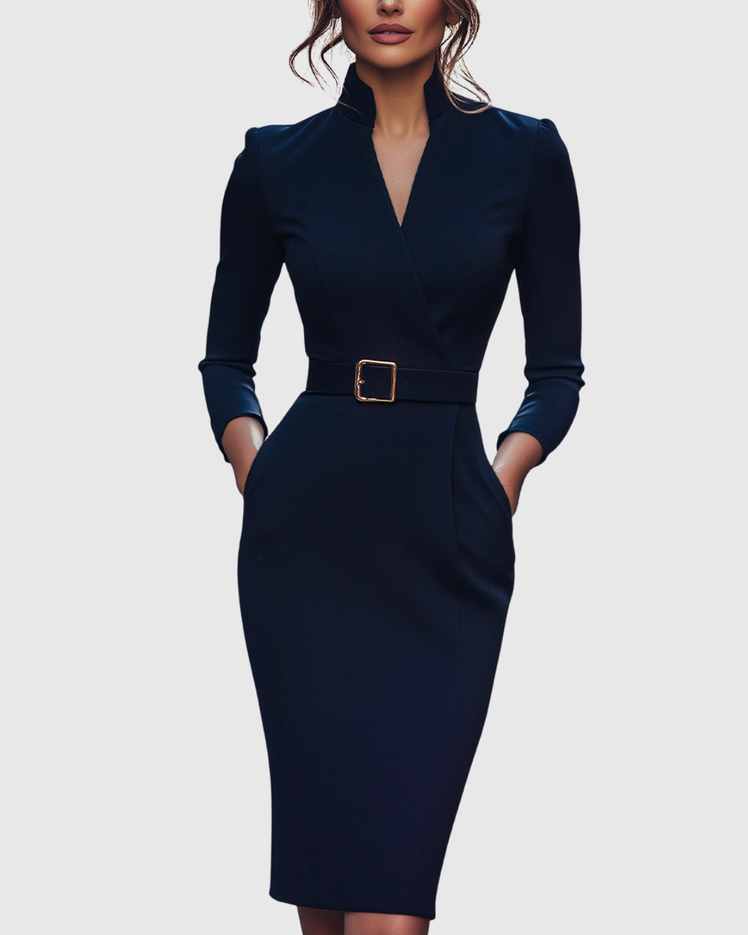 Katherine | Midi-jurk met overslaglook en ceintuur met vierkante gesp