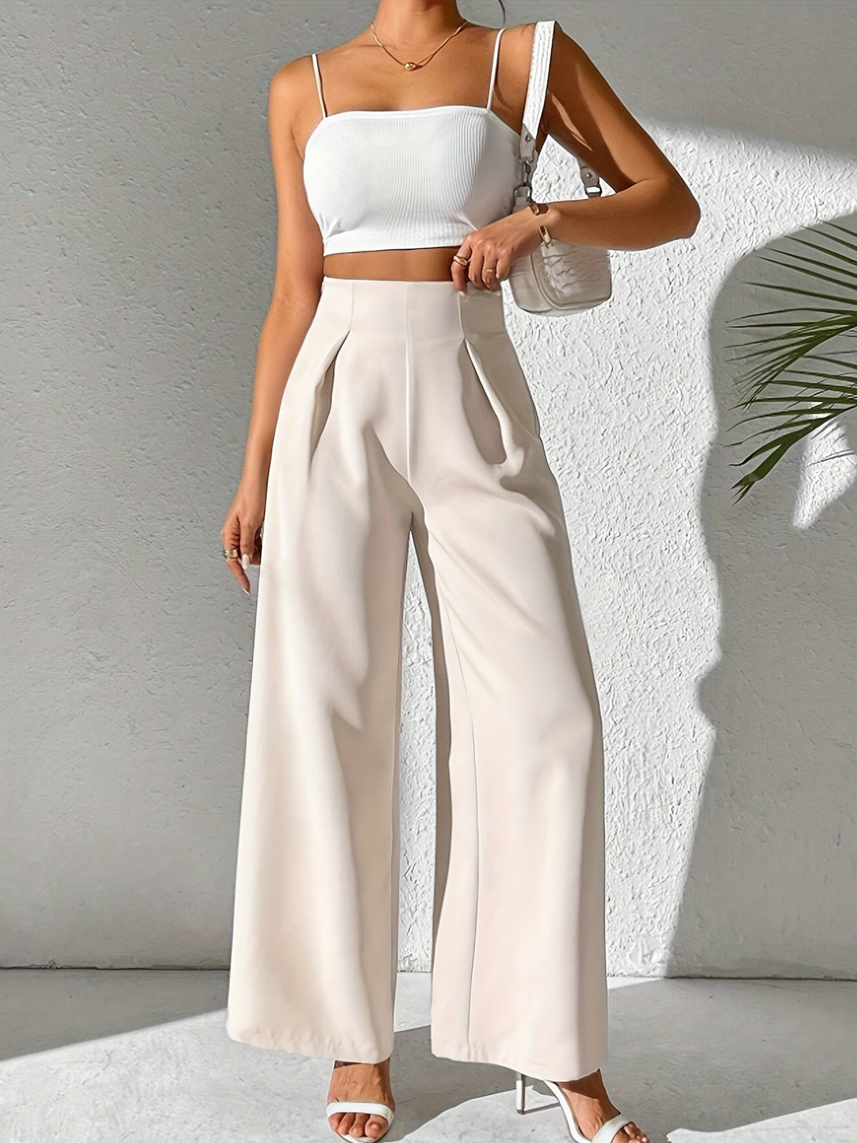 Beige high-waist wide-leg broek voor dames