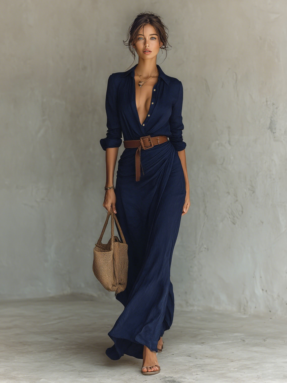 Naomi | Lange polyester jurk met reverskraag