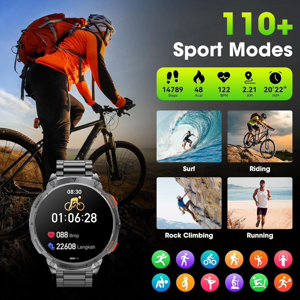Herensmartwatch met 1,85-inch HD-scherm en fakkel