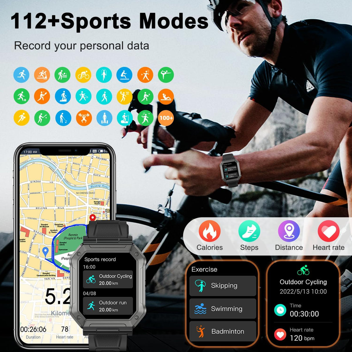 Militaire smartwatch voor mannen met fitness tracker