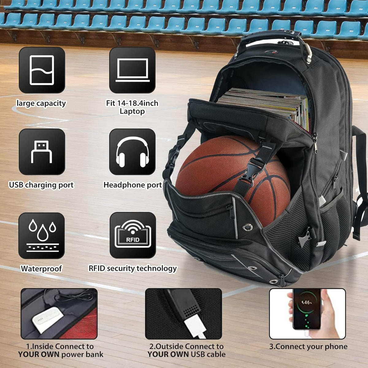 55L extra-grote reis laptop rugzak met USB opladen en RFID beveiliging