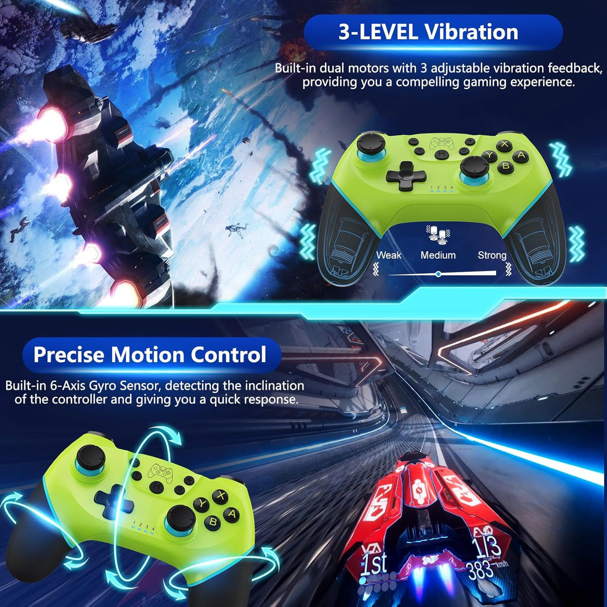 Draadloze switch-controller met hall effect joysticks en turbo-functie