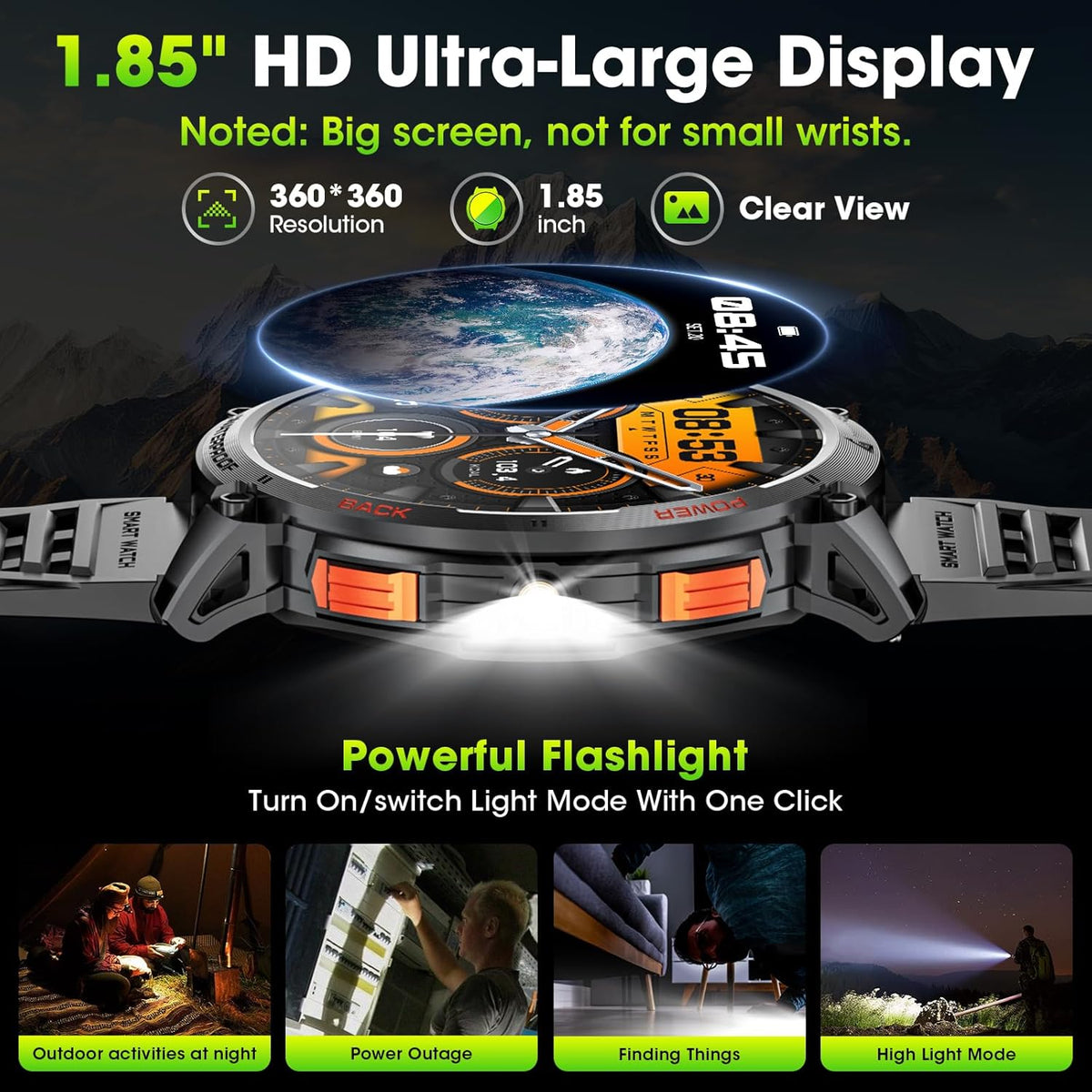 Herensmartwatch met 1,85-inch HD-scherm en fakkel