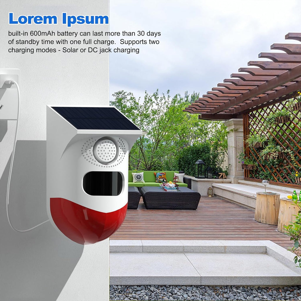Zonne-energie bewegingssensoralarm met 120 db sirene en led-stroboscoop — afbeelding 8