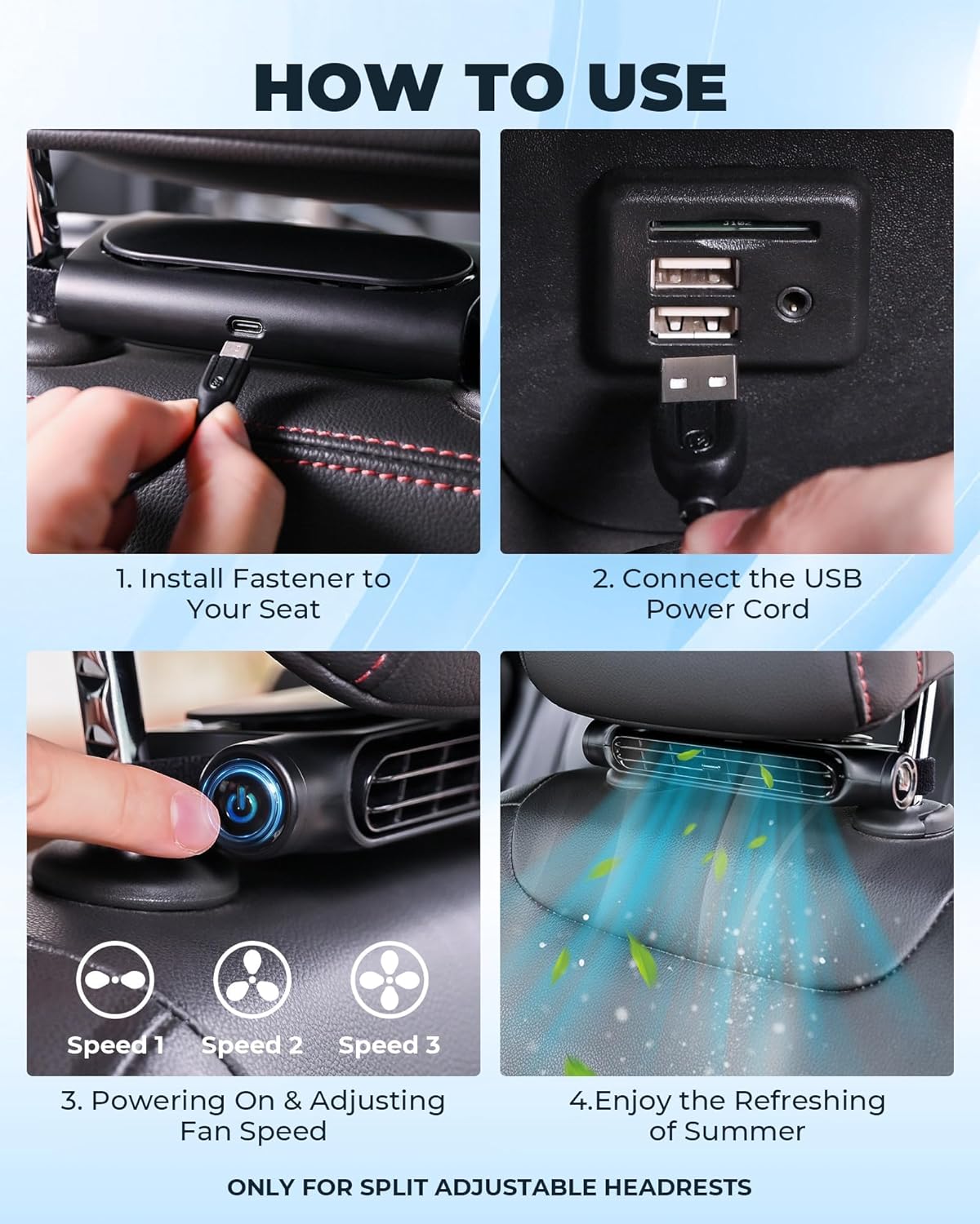 3 snelheden USB auto koelventilator & hoofdsteun bevestiging