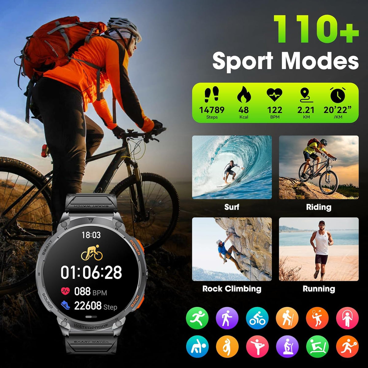 Herensmartwatch met 1,85-inch HD-scherm en fakkel
