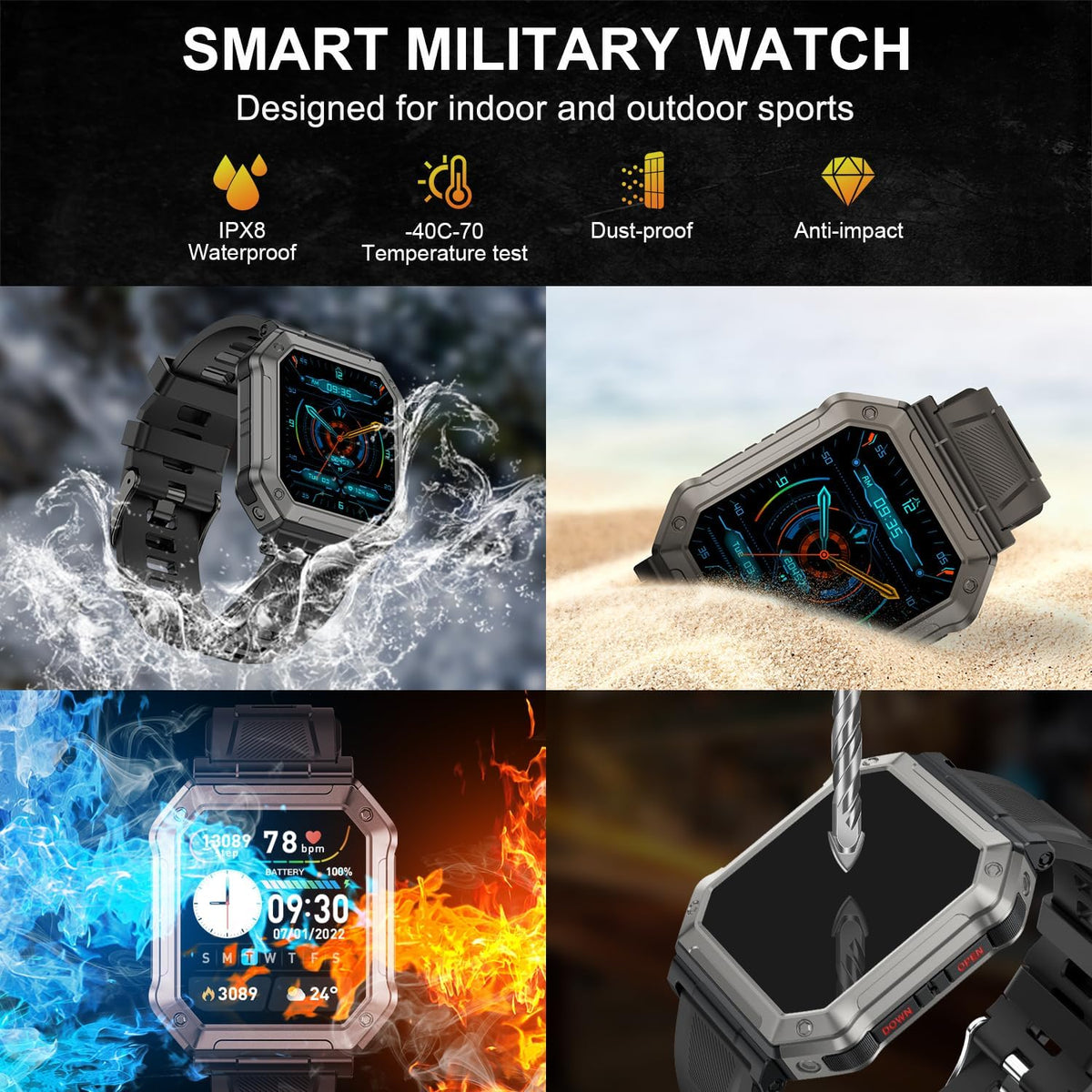 Militaire smartwatch voor mannen met fitness tracker