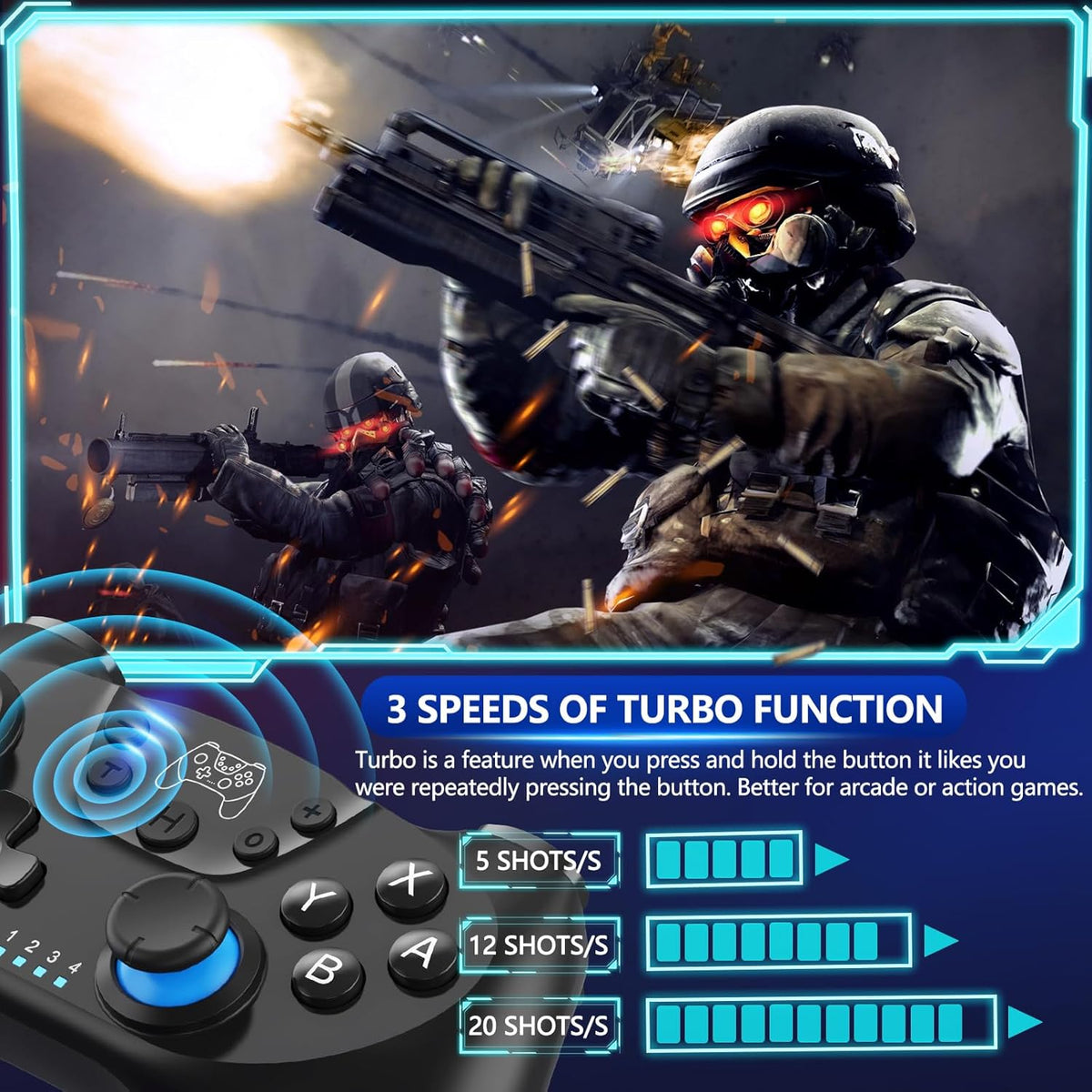 Draadloze switch-controller met hall effect joysticks en turbo-functie