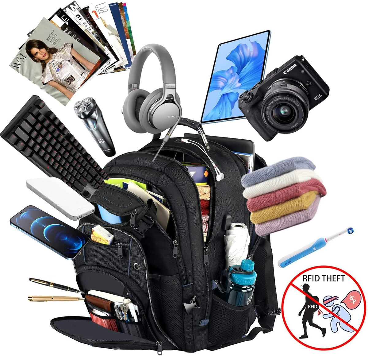 55L extra-grote reis laptop rugzak met USB opladen en RFID beveiliging