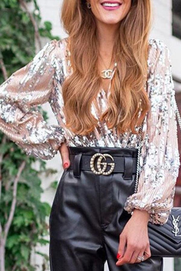 Fonkelend & stijlvol dames glitter V-hals lange mouwen top