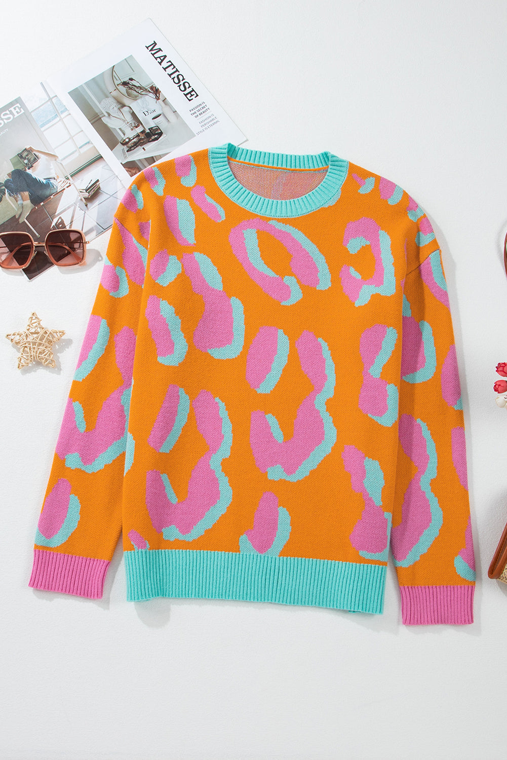 Damestrui met colorblock luipaardprint en ronde hals