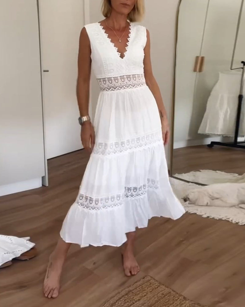 Witte kanten midi jurk met V-hals
