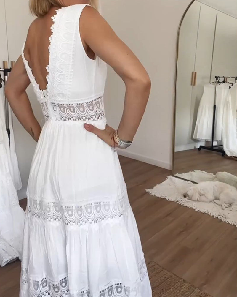 Witte kanten midi jurk met V-hals