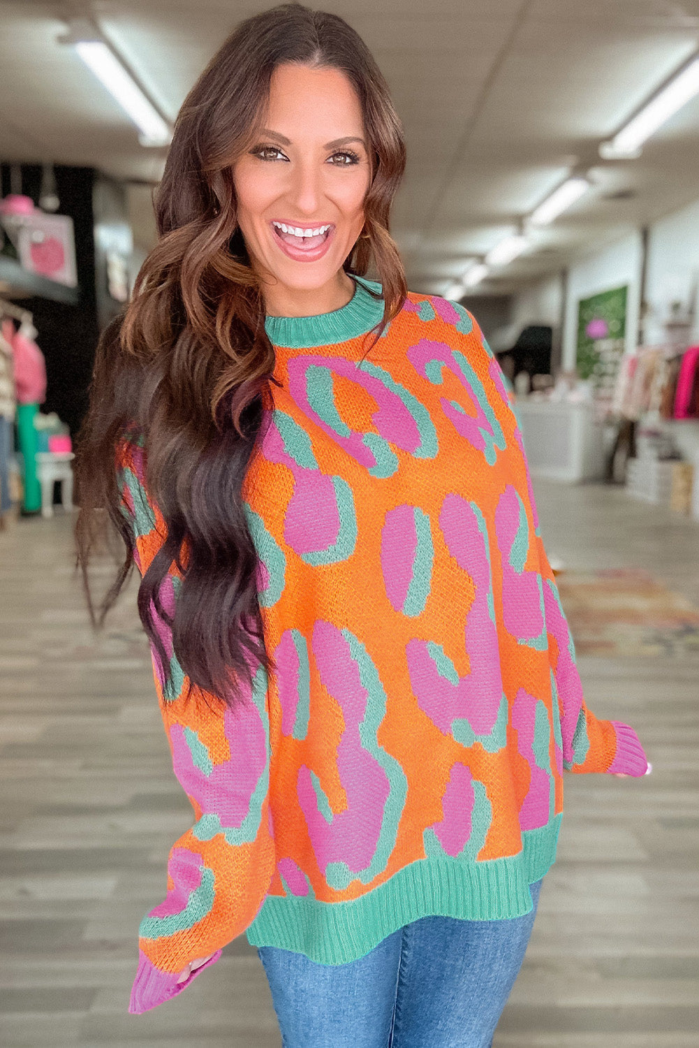 Damestrui met colorblock luipaardprint en ronde hals