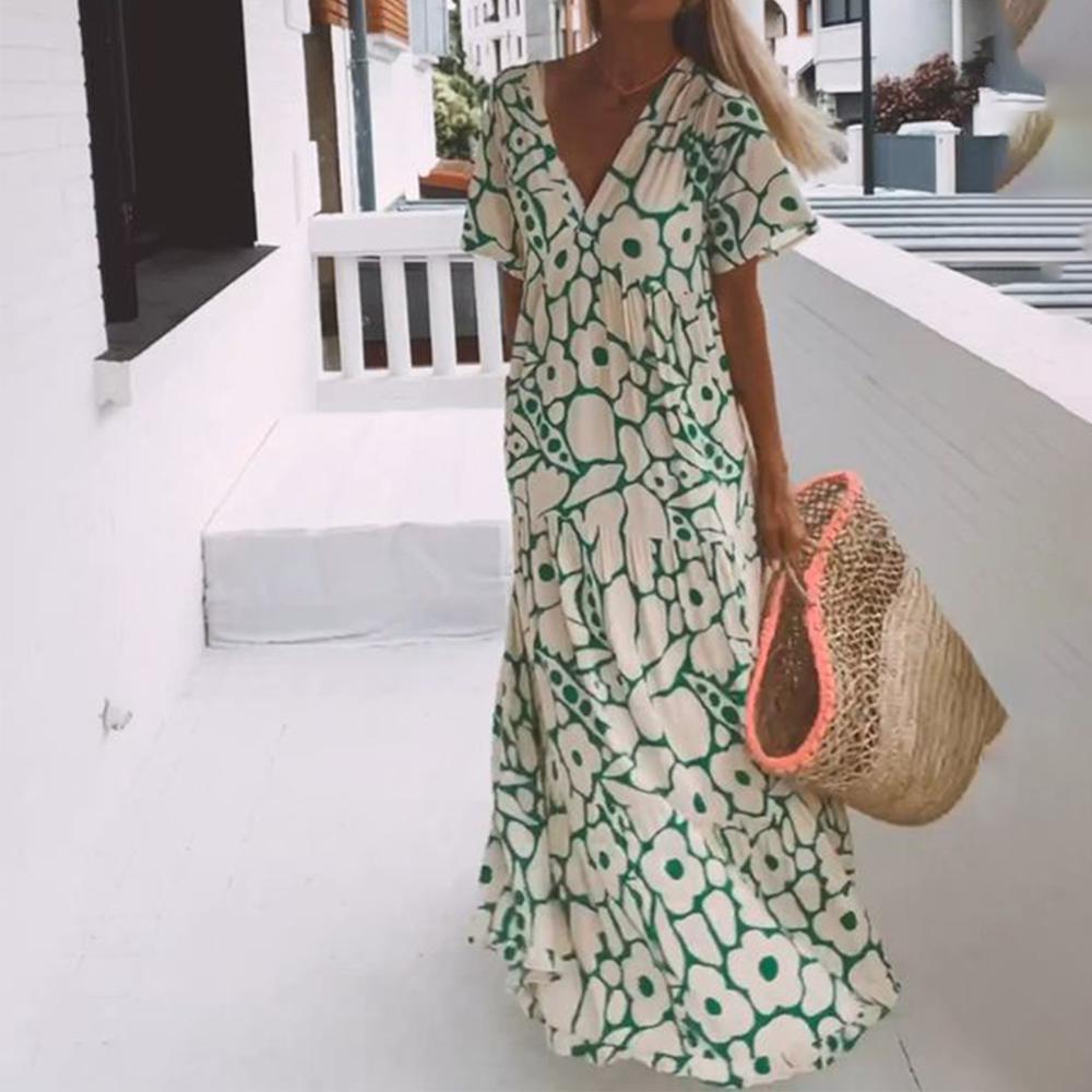 Groene maxi jurk met korte mouwen en print