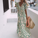 Groene maxi jurk met korte mouwen en print