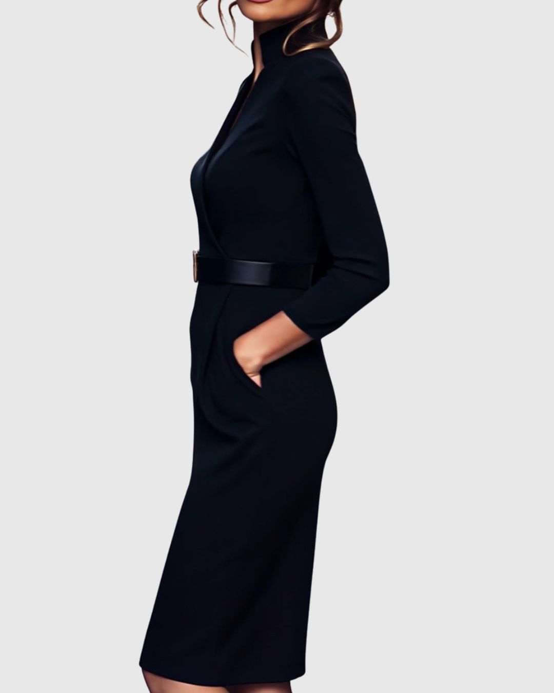 Katherine | Midi-jurk met overslaglook en ceintuur met vierkante gesp