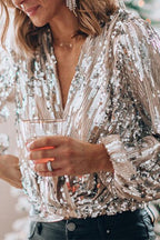 Fonkelend & stijlvol dames glitter V-hals lange mouwen top