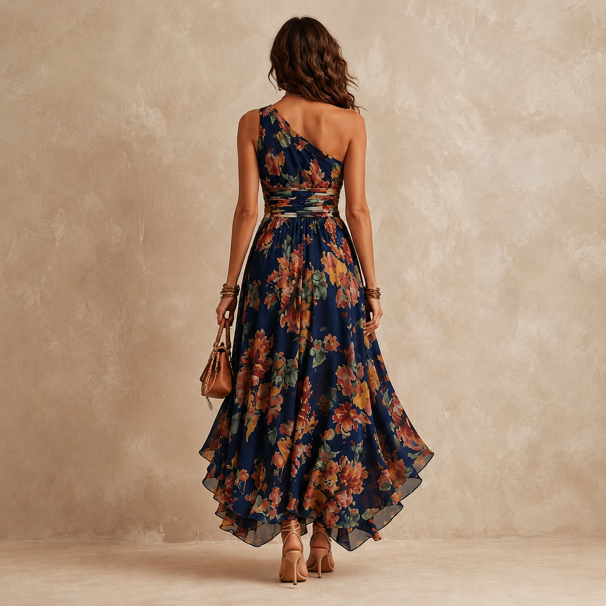 Olivia | Maxi-jurk met één blote schouder van chiffon met bloemenprint