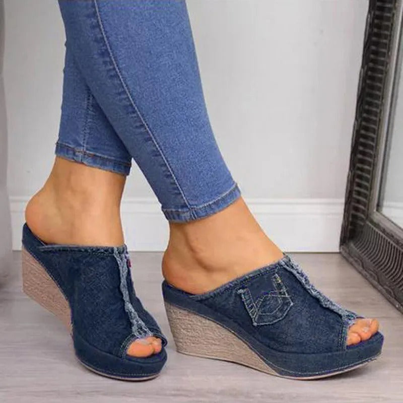 Dames denim sandalen met wedge hak