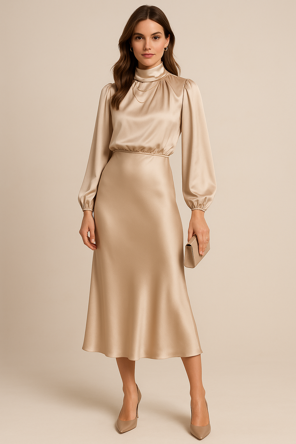 Monique | Midi-jurk van katoenmix met hoge taille en hals