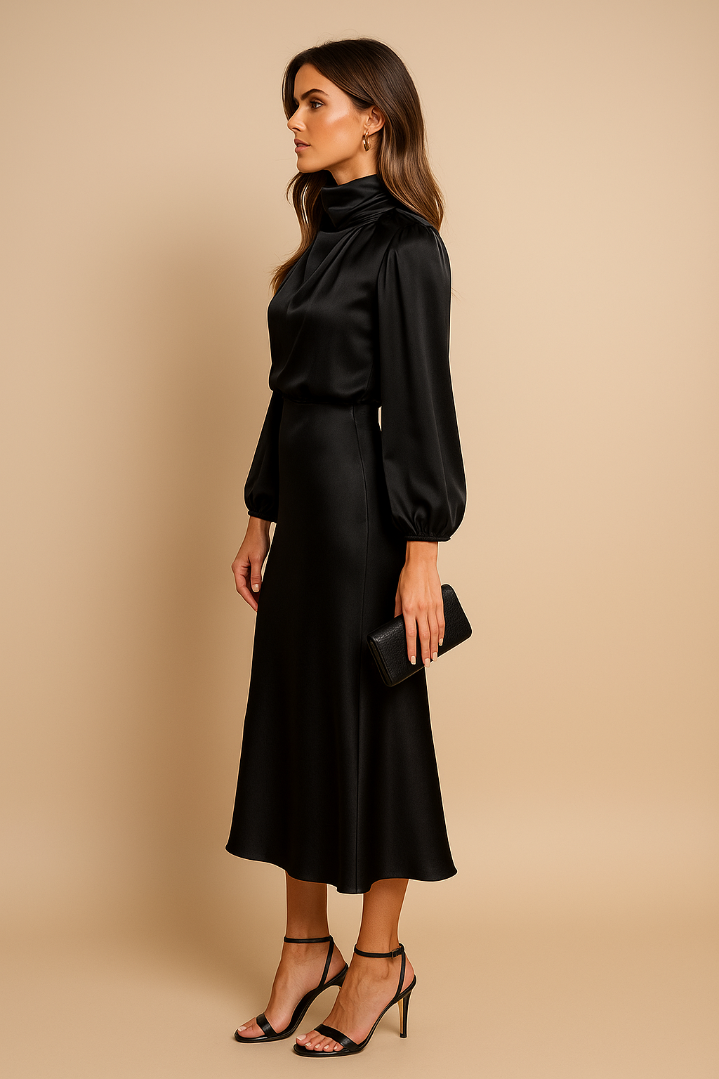 Monique | Midi-jurk van katoenmix met hoge taille en hals