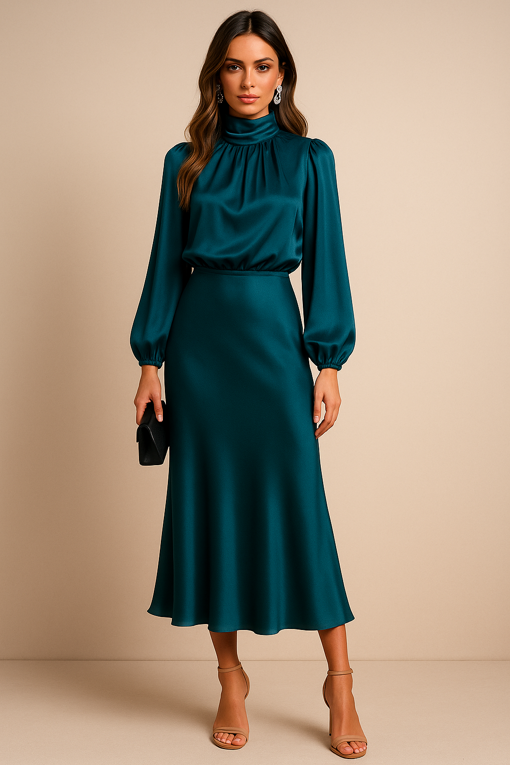 Monique | Midi-jurk van katoenmix met hoge taille en hals