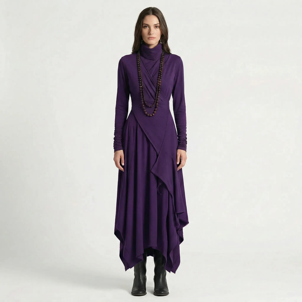 Asymmetrische maxijurk met opstaande kraag