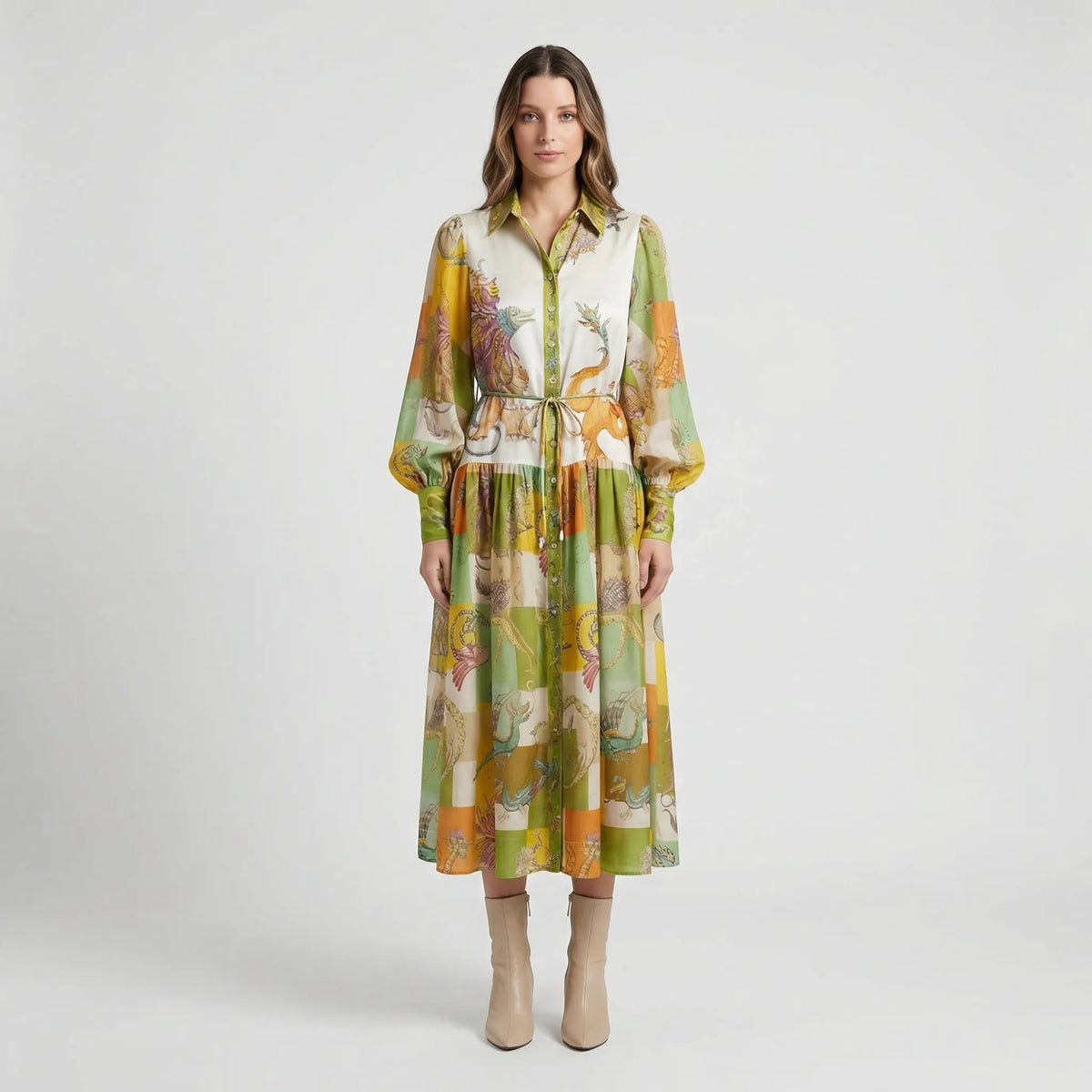 Uitlopende midi-jurk met grafische all-overprint — afbeelding 5