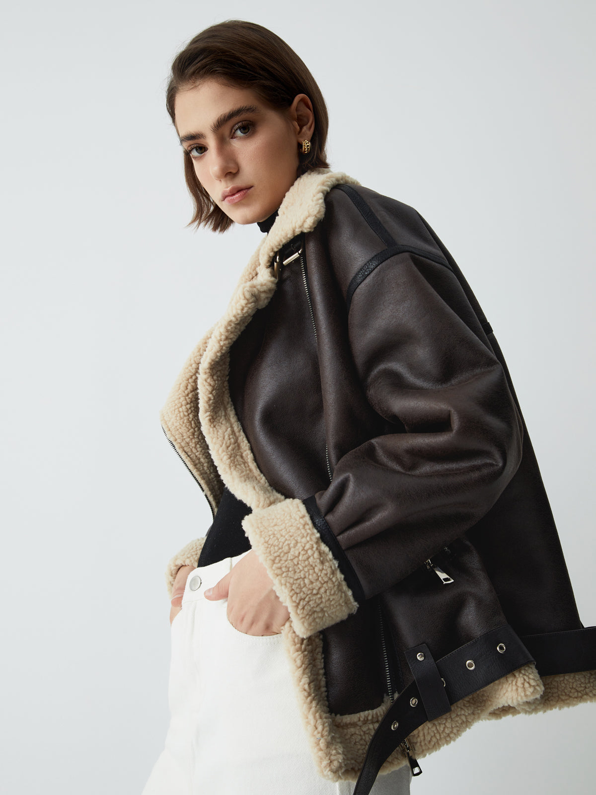 Bruine kunstleren flight jacket voor dames