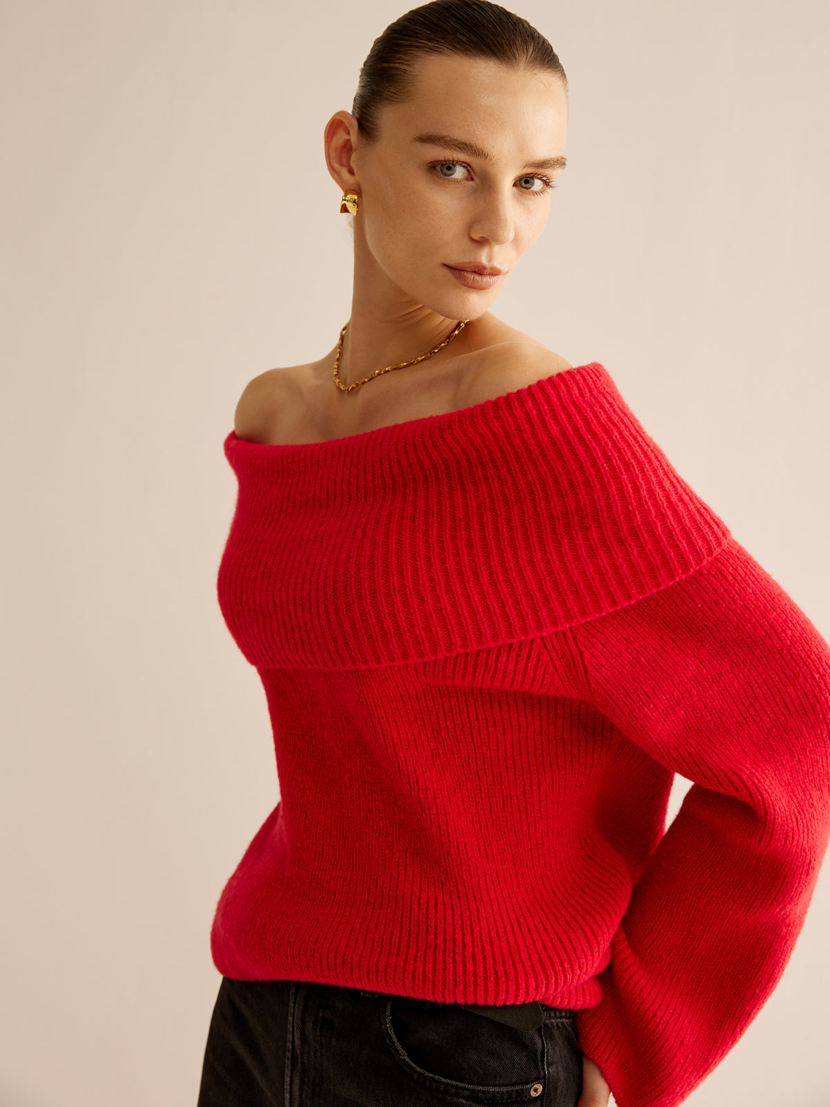 Rode off shoulder trui voor dames