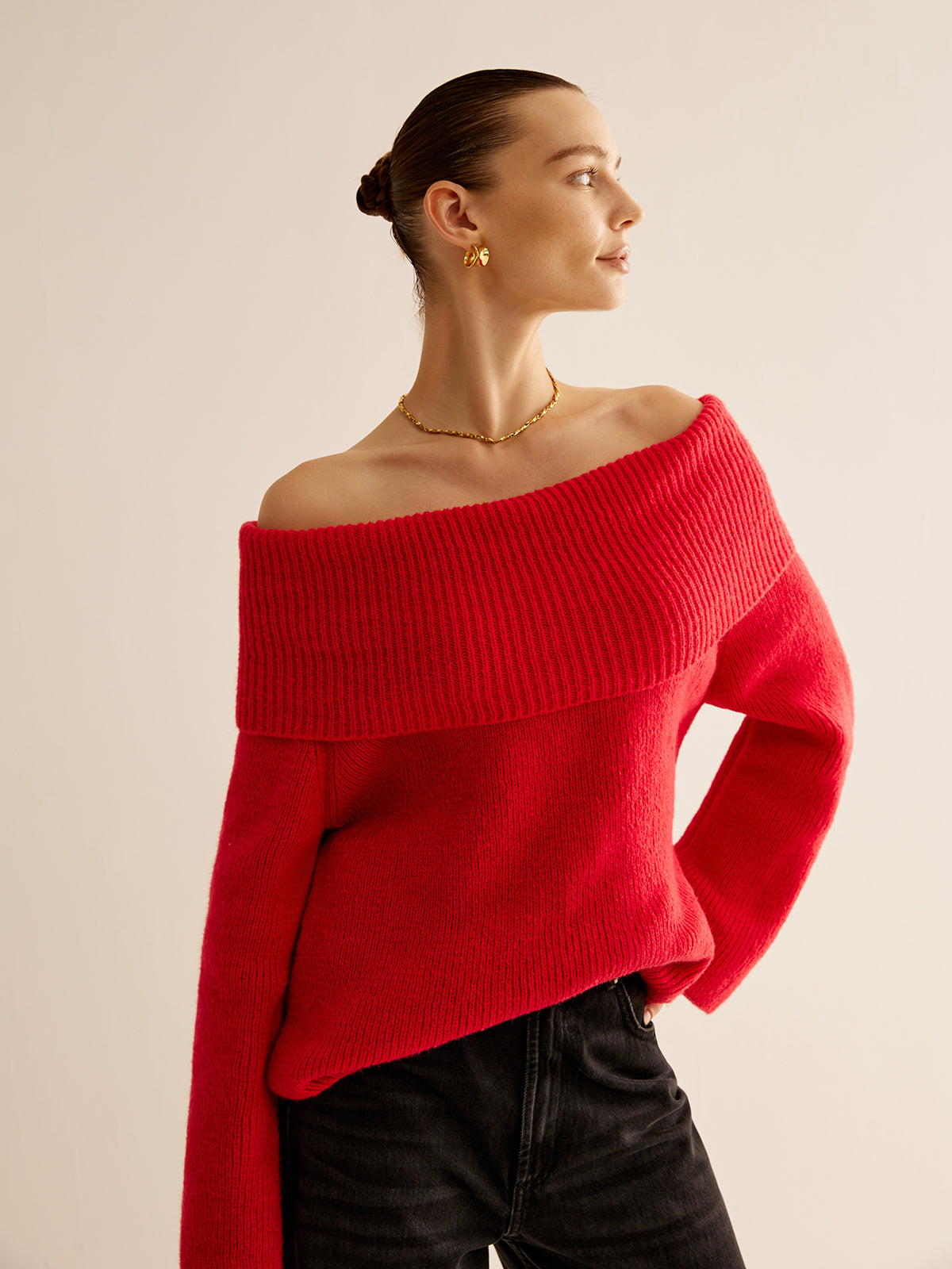 Rode off shoulder trui voor dames