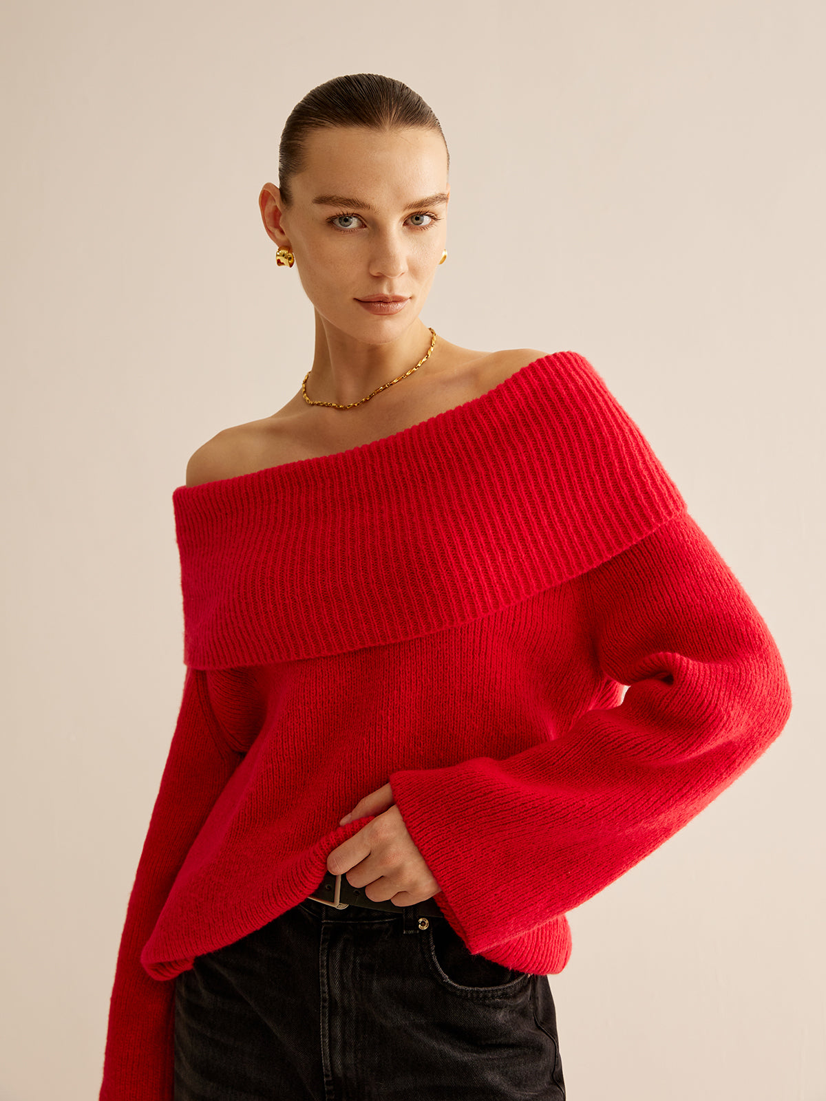 Rode off shoulder trui voor dames