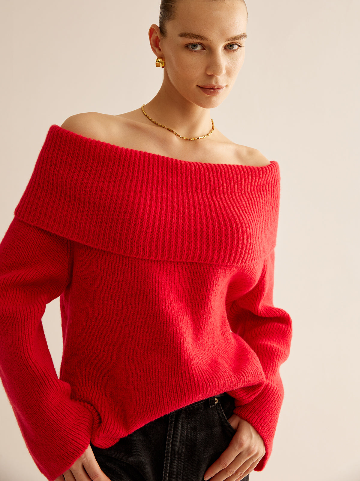 Rode off shoulder trui voor dames