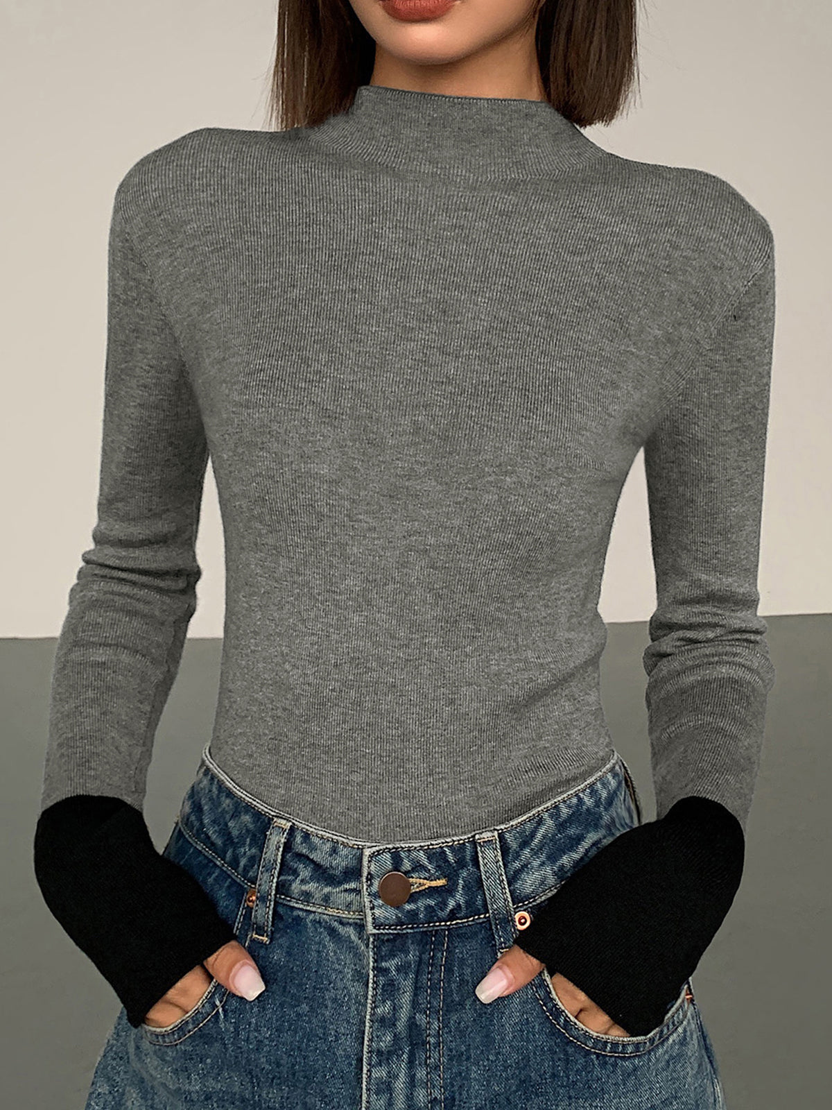 Long sleeve contrast top voor dames