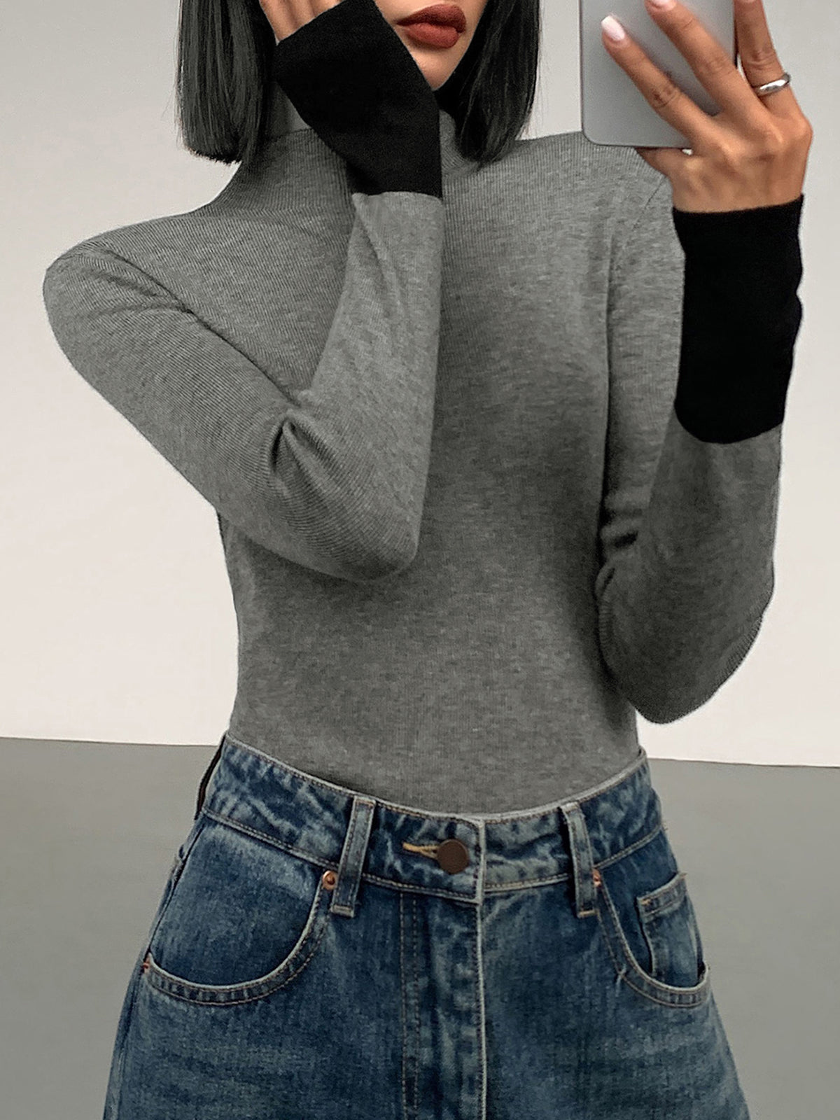Long sleeve contrast top voor dames