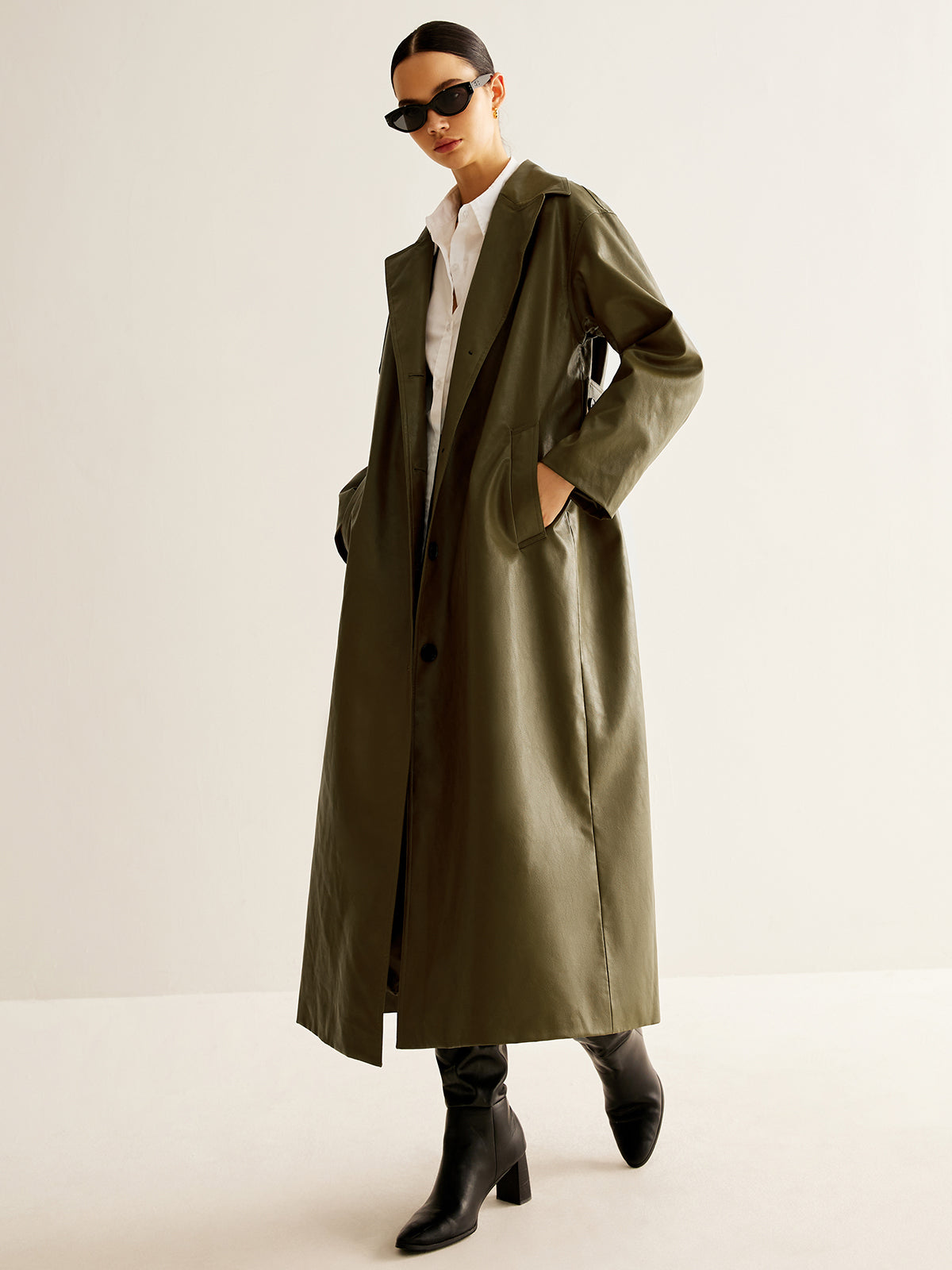 Vintage groene lange lederen jas voor dames