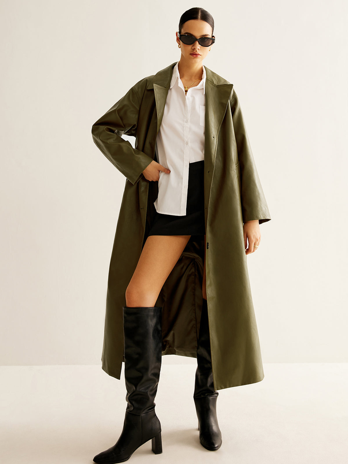 Vintage groene lange lederen jas voor dames