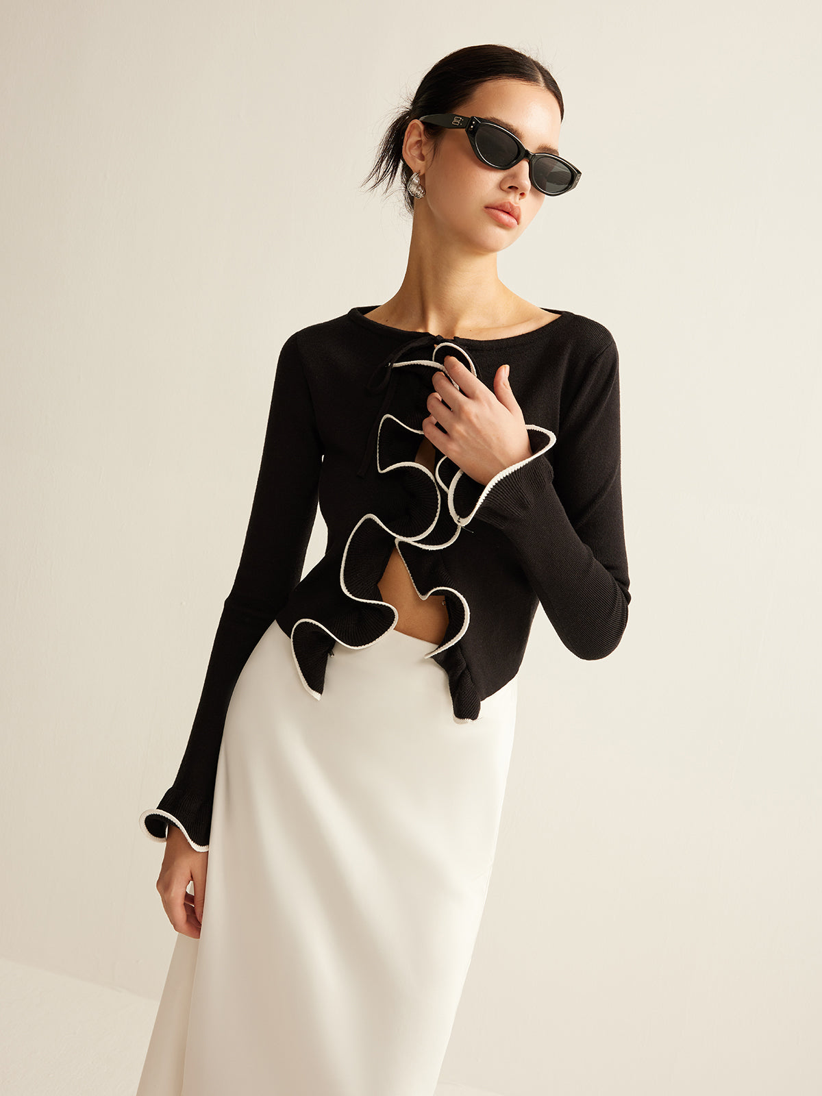 Zwarte skinny ruffle cardigan voor dames
