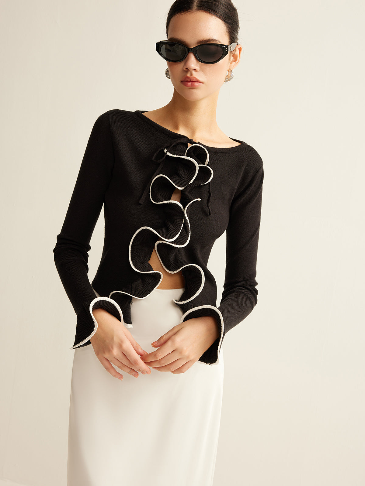 Zwarte skinny ruffle cardigan voor dames