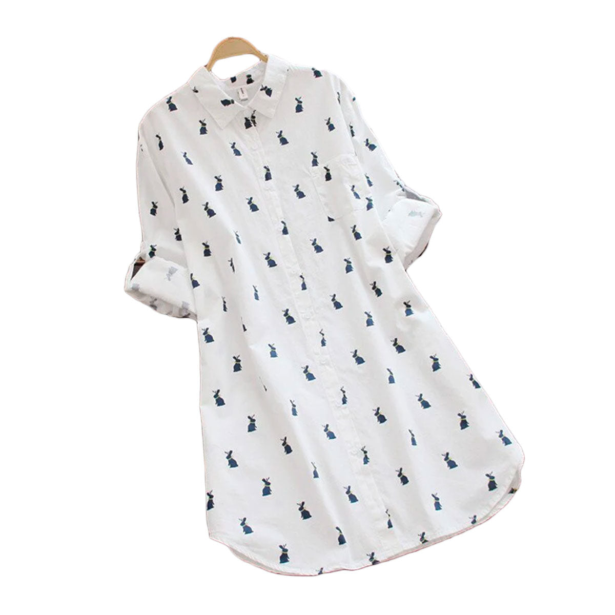 Speelse shirtjurk met konijnenprint en reverskraag