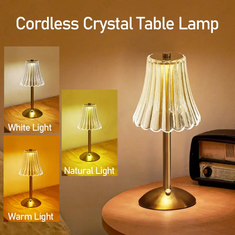 Draadloze tafellamp met kristaldecor en dimbare verlichting