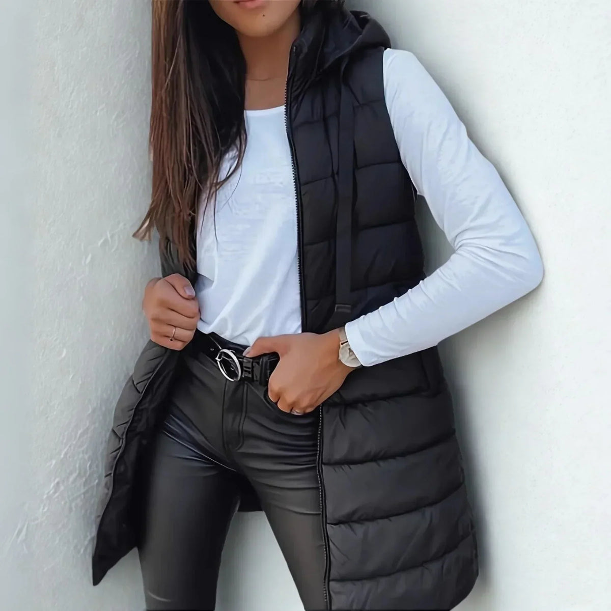 Naima | Lange gewatteerde bodywarmer met capuchon