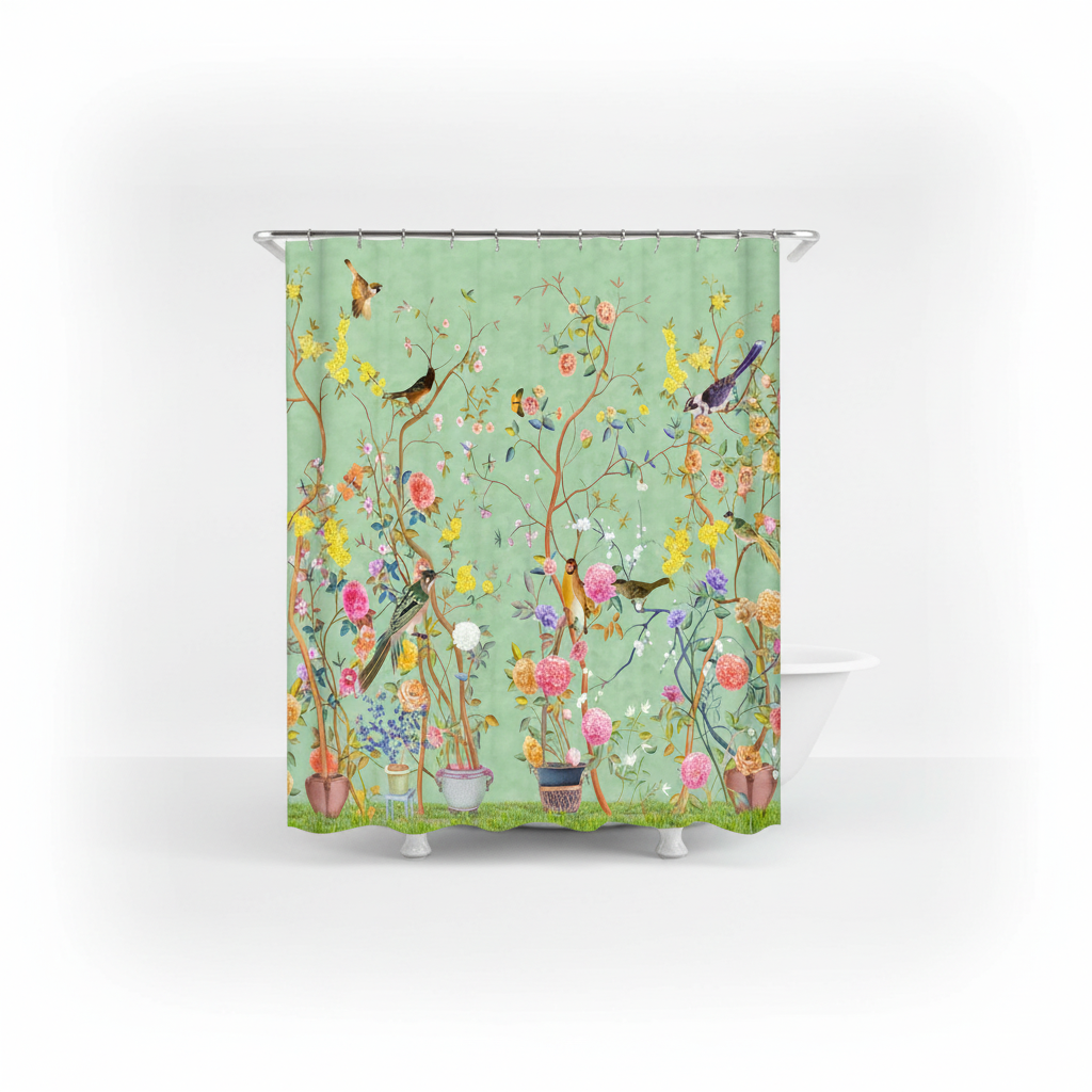 Bloemen- en vogelmotief douchegordijn