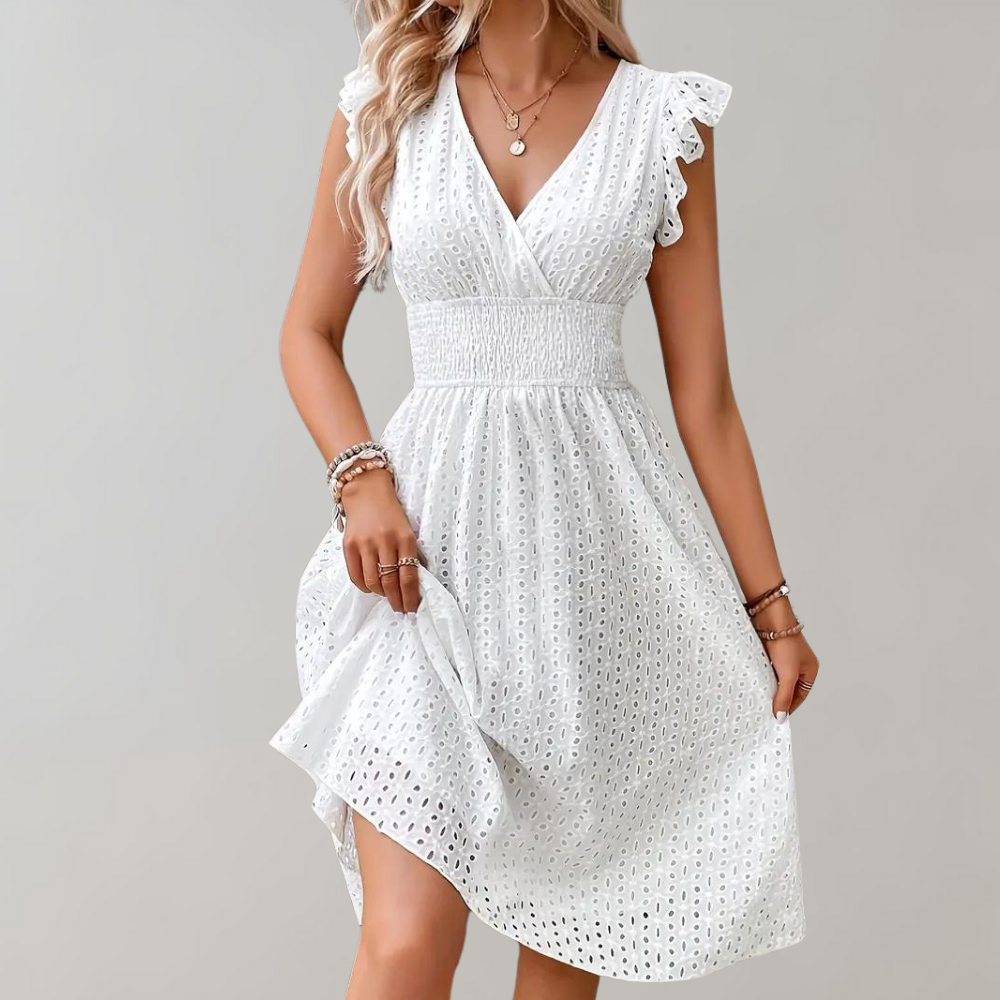 Witte zomer jurk met geruffelde mouwen