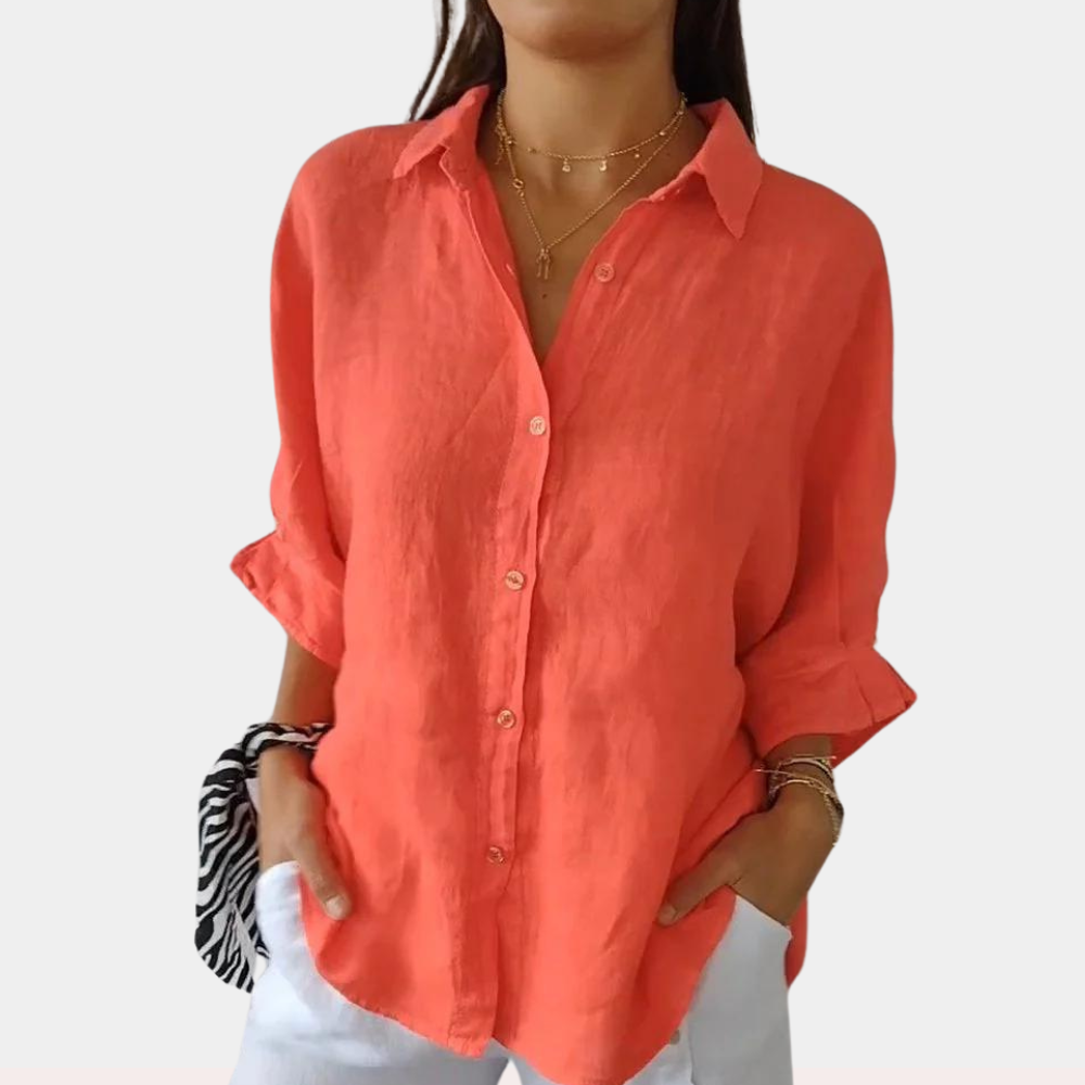 Linnen damesblouse met lange mouwen en knoopsluiting